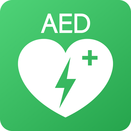 Emergency first aid defibrillator sign. White heart icon